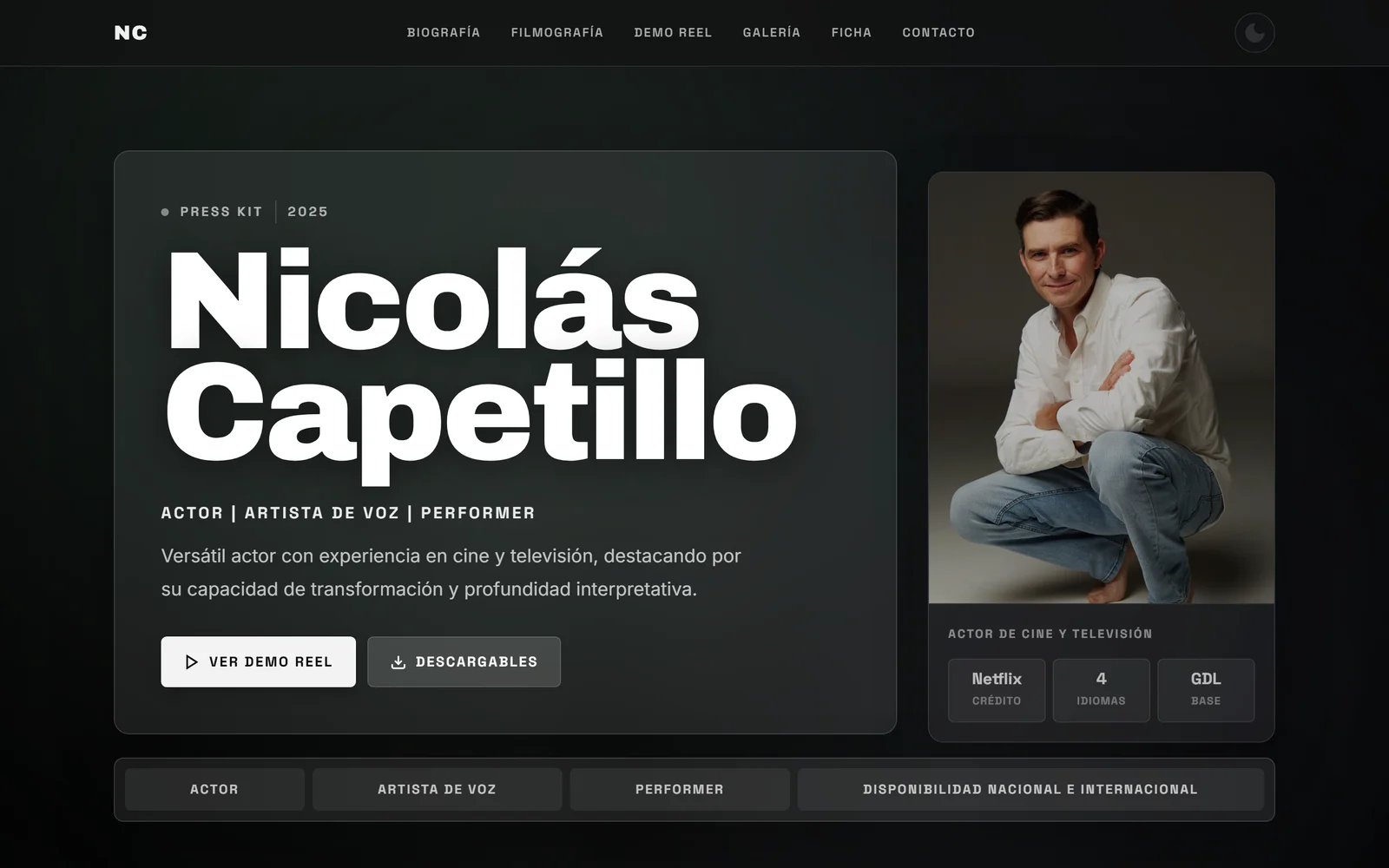 Press kit digital para actor — captura del sitio